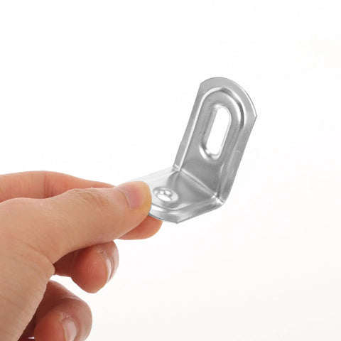 Close-up of hand holding one bracket from 10 Pack Iron L Brackets With 90 Degree Rounded Corners For Shelves, Cabinets, And Bookcases