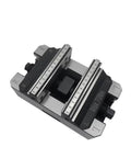 Heavy Duty Self Centering Vise With Five Axis Fixture For CNC Machining And Concentric Clamping on workbench, showing jaws and scale.