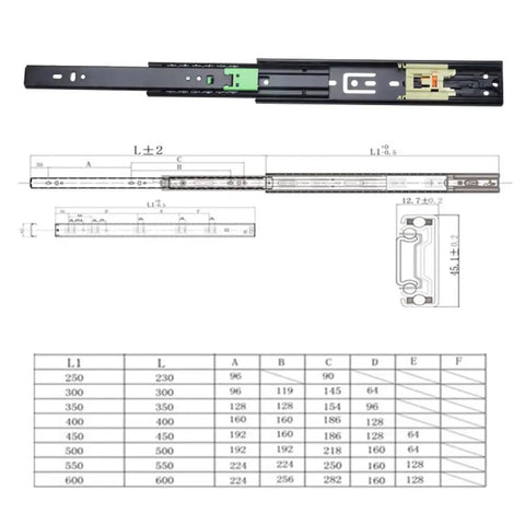 Diagram of Dope Heavy Duty Push To Open Drawer Slides with 3 Fold Full Extension Steel Runners and Telescopic Ball Bearing Rails 25cm to 50cm