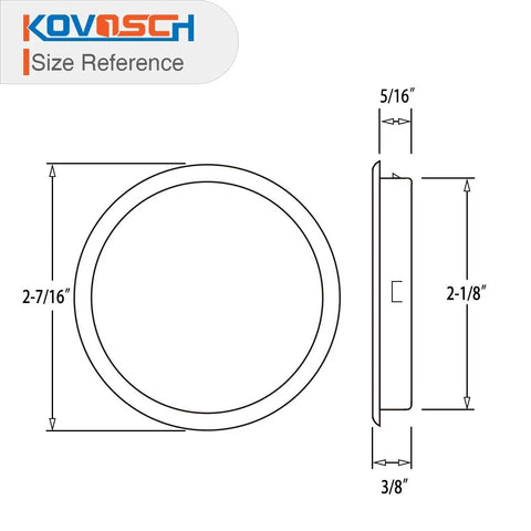 Size diagram of Six Pack Black Round Sliding Closet Door Finger Pulls 2-1/8 Inch Diameter With Snap In Installation Universal Mortise Cup Pulls