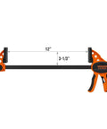 Two Jorgensen 12-inch ratchet bar clamps, orange/black, one-handed operation with E-Z Hold expandable spreader