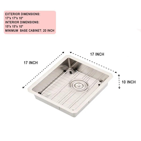 Stainless Steel Undermount Bar Sink With 17 x 17 Inch Single Bowl, 16 Gauge SUS304 Brushed Nickel Finish, Durable Outdoor RV Kitchen Sink