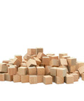 Top Shelf 3/4 Inch Solid Birch Wood Blocks 100 Pack Unfinished Smooth Craft Cubes stacked in a pile for DIY arts and projects.