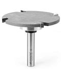 Carbide Tipped Four Wing Cut Out Router Bit For Solid Surface Under Mount Bowls Three And Five Eighths Inch Diameter One Quarter Inch Cut Depth One Half Inch Shank Three And Nine Thirty Second Inch Overall Length showing top view.