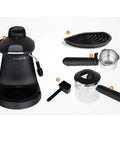 No Brainer Espresso And Cappuccino Maker With Instant Heat Capsule Compatibility featuring tools like a portafilter and measuring scoop.
