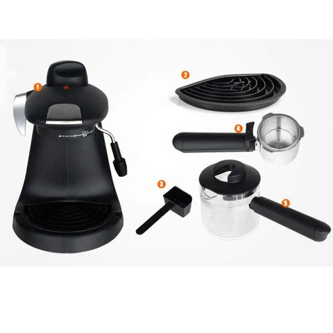 No Brainer Espresso And Cappuccino Maker With Instant Heat Capsule Compatibility featuring tools like a portafilter and measuring scoop.