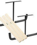 Heavy Duty Ceiling Garage Hooks For Overhead Storage And Wall Mounted Utility Hanger For Wood Tools Bikes Fishing Rods And More Durable Square Tubular Steel With Powder Coat Rust Resistant image showing black steel hooks on ceiling with wooden planks