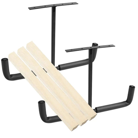 Heavy Duty Ceiling Garage Hooks For Overhead Storage And Wall Mounted Utility Hanger For Wood Tools Bikes Fishing Rods And More Durable Square Tubular Steel With Powder Coat Rust Resistant image showing black steel hooks on ceiling with wooden planks