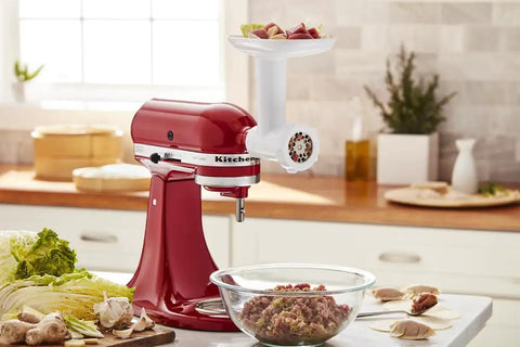 KitchenAid Style Mixer with Stand Mixer Food Grinder Attachment grinding meat in kitchen, showing coarse and fine settings.