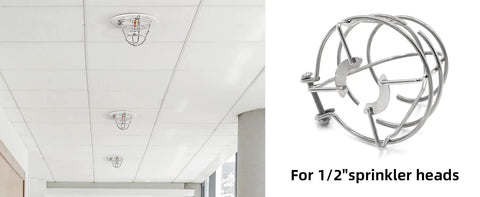 10 Pack Half Inch Zinc Plated Steel Fire Sprinkler Head Guards With Stainless Mounting Hardware shown installed on ceiling.