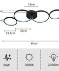Diagram of Modern Black Flush Mount LED Ceiling Light 30W 3000K Warm White 89cm Round Four Ring Fixture dimensions