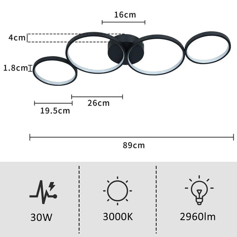 Diagram of Modern Black Flush Mount LED Ceiling Light 30W 3000K Warm White 89cm Round Four Ring Fixture dimensions