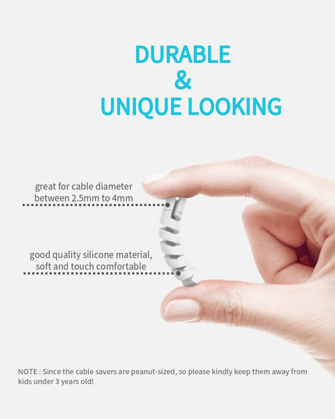 Hand holding a grey silicone cable protector from the Silicone Cable Protectors 12 Pack For Phone Tablet Laptop And Charger Cables Durable Saver End Caps That Prevent Fraying Extend Cable Life Easy Snap On Headphones USB Cables Grey