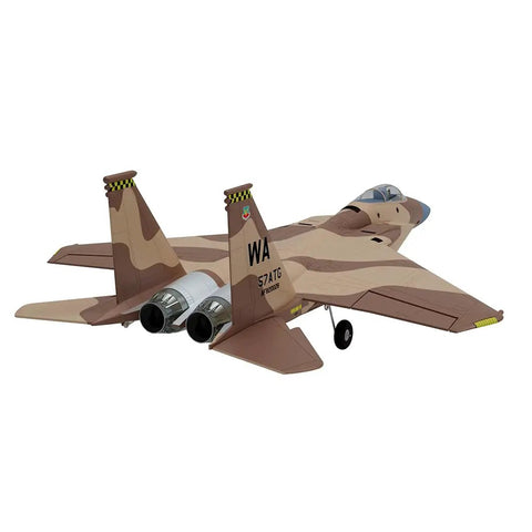 Rear view of F-15 Twin 40mm EDF RC Fighter Jet PNP Desert Camo with twin power and smooth landing gear, ready to fly.