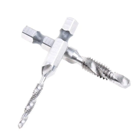 Close-up view of the All In One Six Pack Drill And Tap Bit Set For Metal Wood And Plastic With Hex Shank Countersink Bits And Built In Taps.