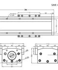 Technical diagram of Two Hundred Millimeter Travel Fully Enclosed Dual Linear Stage Actuator with dimensions