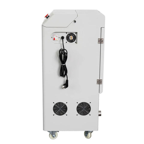 DTF Fume Extractor Sweeping Shop Smog From Powder Shakers And Sublimation Gear Boots Up With 176 Watts To Shift 202 Cubic Meters Of Air Hourly side view showing motor, controls, and wheels.