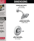 Dimensions for Woodhurst 14 Series Shower Faucet Trim Kit With Chrome Shower Head And Handle Set, Valve Trim, Chrome Finish, Universal Rough-In Compatibility, Valve Not Included, Requires R10000-UNBX Rough In Valve, Delivers a Dope Full Body Spray, showing shower head and valve trim size.