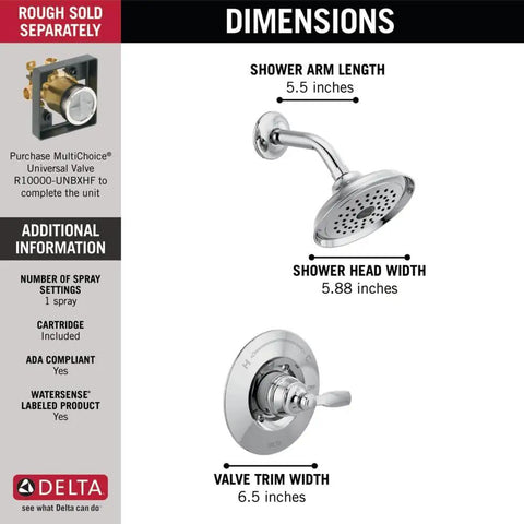 Dimensions for Woodhurst 14 Series Shower Faucet Trim Kit With Chrome Shower Head And Handle Set, Valve Trim, Chrome Finish, Universal Rough-In Compatibility, Valve Not Included, Requires R10000-UNBX Rough In Valve, Delivers a Dope Full Body Spray, showing shower head and valve trim size.