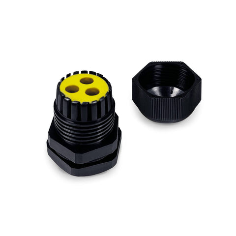 Beefy Waterproof Nylon Cable Glands With Multi Hole Insert For Electrical Enclosures, 3 Holes, Pack Of 3, IP67 Rated, Black, close-up view