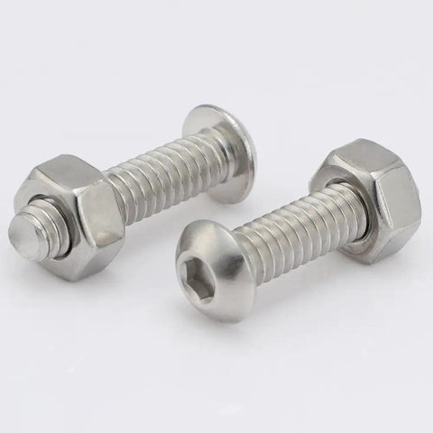 Premium 304 Stainless Steel Button Head Socket Cap Screws 10-24 x 3/4 Inch Drive Bolts Rust Free, two screws showing detail and finish.