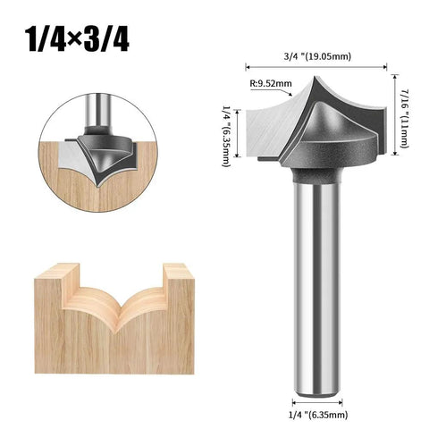 Heavy Hitter 4 Piece Point Cutting Roundover Router Bit Set With Tough 1/4 Inch Shank And Razor Sharp Carbide Blades showing 1/4" bit profile.