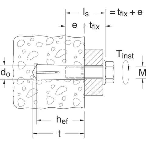 Technical diagram of Drop In Anchor M8 Thread Steel Internal Cone Type Concrete Anchor 100 Pack Ten Millimeter Drill Bit.