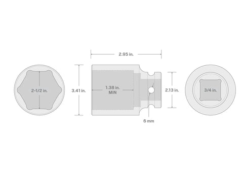 Technical diagram of Three Quarters Inch Drive Two And A Half Inch Shallow Six Point Impact Socket Built Beefy And Pro Grade.