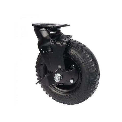 Eight Inch Pneumatic Rubber Caster With Reliable Side Brake And Flanged Track Build For Hotel Luggage Carts Roll Smooth From Day One With This Hustle Ready Universal Wheel Replacement Eating Heavy Loads Like A Champ, black rubber wheel, flanged track.