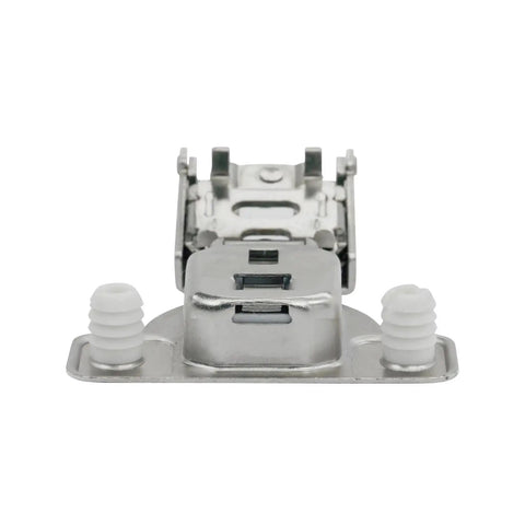 106 Degree Soft Close Press-In Face Frame Cabinet Hinge With 1/2 Inch Overlay, 45mm Screw Hole Spacing, silver finish, front view