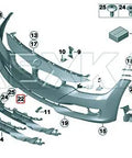 Diagram showing car bumper assembly with components like wheel arch trim and fasteners, highlighting Bulk 50 Pack M4.8-1.61 X 16mm Hex Head Sems Screws Set For BMW Wheel Arch Trim, Underbody Coating, Rear Trim Cover And Underhood Shield, Durable Bumper And Fender Liner Fasteners With Easy Install.