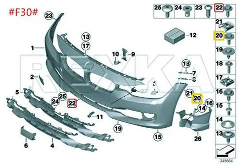 Diagram showing car bumper assembly with components like wheel arch trim and fasteners, highlighting Bulk 50 Pack M4.8-1.61 X 16mm Hex Head Sems Screws Set For BMW Wheel Arch Trim, Underbody Coating, Rear Trim Cover And Underhood Shield, Durable Bumper And Fender Liner Fasteners With Easy Install.