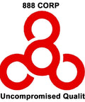 Red abstract symbol with overlapping circles, text "888 CORP Uncompromised Quality" in black.