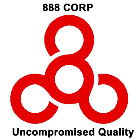 Red abstract symbol with overlapping circles, text "888 CORP Uncompromised Quality" in black.