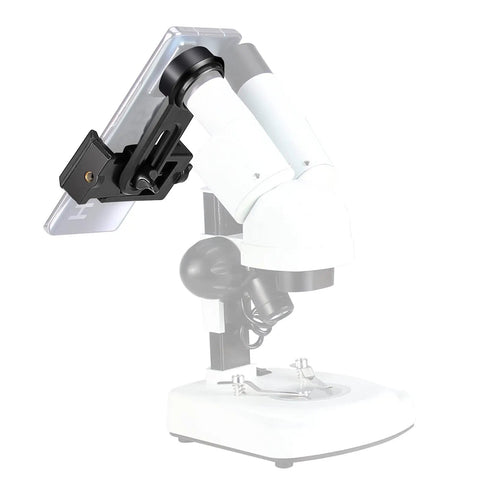 Phone Camera Adapter for Microscope Eyepiece 23.2mm with Built In 16x Microscope Eyepiece, black clip-on adapter mounted on microscope