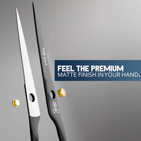 Close-up of Six And A Half Inch Matte Black Luxury Hair Scissors Ultra Sharp Stainless Steel Barber Shears with matte finish.