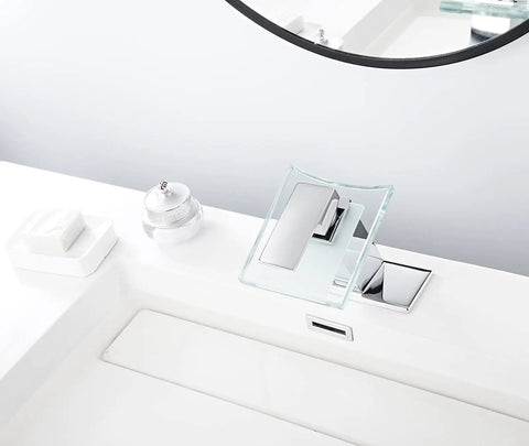 Waterfall Glass Spout LED Temperature Changing Bathroom Faucet With Single Handle Deck Mounted Cold Warm Hot Water Mixer Chrome
