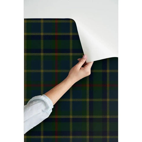 Hand revealing Classic Peel And Stick Wallpaper Killer Linen Weave Removable Accent Wall Decor with plaid design.