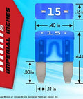Straight Up Heavy Duty Mini Blade Fuse Kit With Puller 50 Piece Automotive Electrical Repair Assortment Color Coded Heat Resistant Nylon Fuses For Glove Box Storage showing a blue mini blade fuse with dimensions.