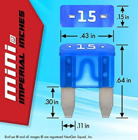 Straight Up Heavy Duty Mini Blade Fuse Kit With Puller 50 Piece Automotive Electrical Repair Assortment Color Coded Heat Resistant Nylon Fuses For Glove Box Storage showing a blue mini blade fuse with dimensions.