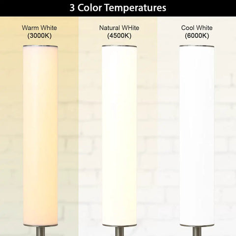 Dimmable LED Cylinder Table Lamp With 360 Degree Illumination And Three Color Temperatures Easy Touch Dimmer Brushed Nickel Finish Ideal For Bedroom Living Room And Office Accent Lighting showing warm, natural, and cool white settings