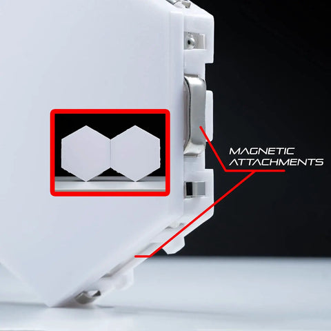 Close-up of 12 Pack LED Hexagon RGB Lights Modular Touch Sensitive Wall Light Kit with Magnetic Reusable Tiles showcasing attachments.
