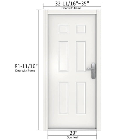Six Panel White Steel Security Door With Frame And Hardware, Left Side Hinged Inward, Adjustable Width From 32 11/16 To 35 Inches, Height 81 11/16 Inches, Includes Durable Frame For Easy Install And Built To Last Indoor Or Outdoor Security
