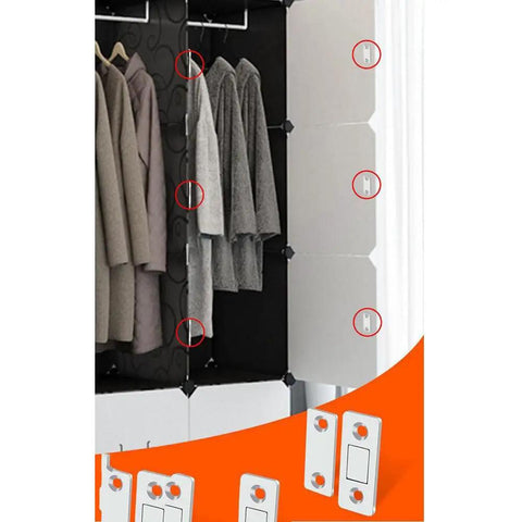 Open closet showing 4 Pack Cabinet Magnetic Door Catch Set with Stainless Steel Shell installed, securing closet doors.