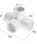 Four Way PVC Fittings Half Inch Eight Pack Furniture Grade Pipe Connectors Elbow PVC Corner Fittings With Deep Sleeves For A Sturdy Do It Yourself Setup, showing dimensions of connector