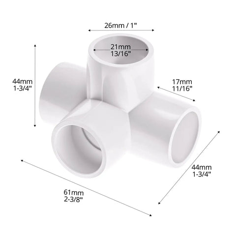 Four Way PVC Fittings Half Inch Eight Pack Furniture Grade Pipe Connectors Elbow PVC Corner Fittings With Deep Sleeves For A Sturdy Do It Yourself Setup, showing dimensions of connector