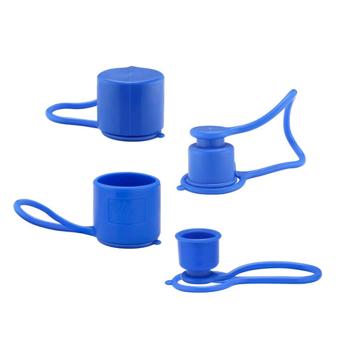 Blue plastic dust caps with attached lanyards for 1/2-in flat-face hydraulic quick-connect couplers; four-piece set.