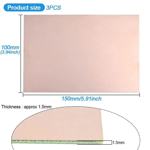 Three Pack 150x100mm Copper Clad Boards Double Sided FR4 PCB Substrates For DIYers Prototyping Circuit Testing Soldering Practice And Electronic Hobby Projects 150x100 mm size illustration.