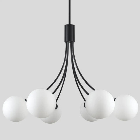 Minimalist black and white chandelier with spherical lights, not a Wagon Wheel Chandelier With Vintage Wood Grain Look, Dope 6 Light