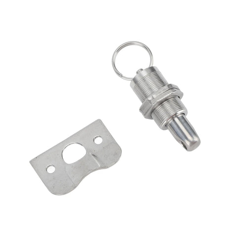 58.5mm stainless steel latch lock fastener for hatch doors; marine-grade with threaded barrel and key ring, mounting plate included